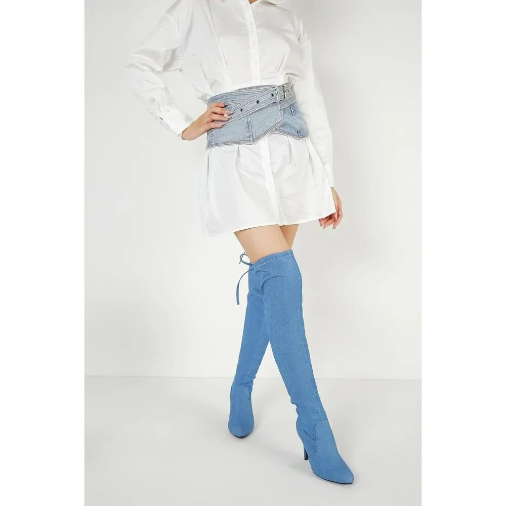 Women Blue Polyurethane Pointed Toe Over The Knee Thigh High Stiletto Heel Boot